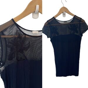 Zimmerli of Switzerland navy t shirt with mesh top embroidered w/ flowers